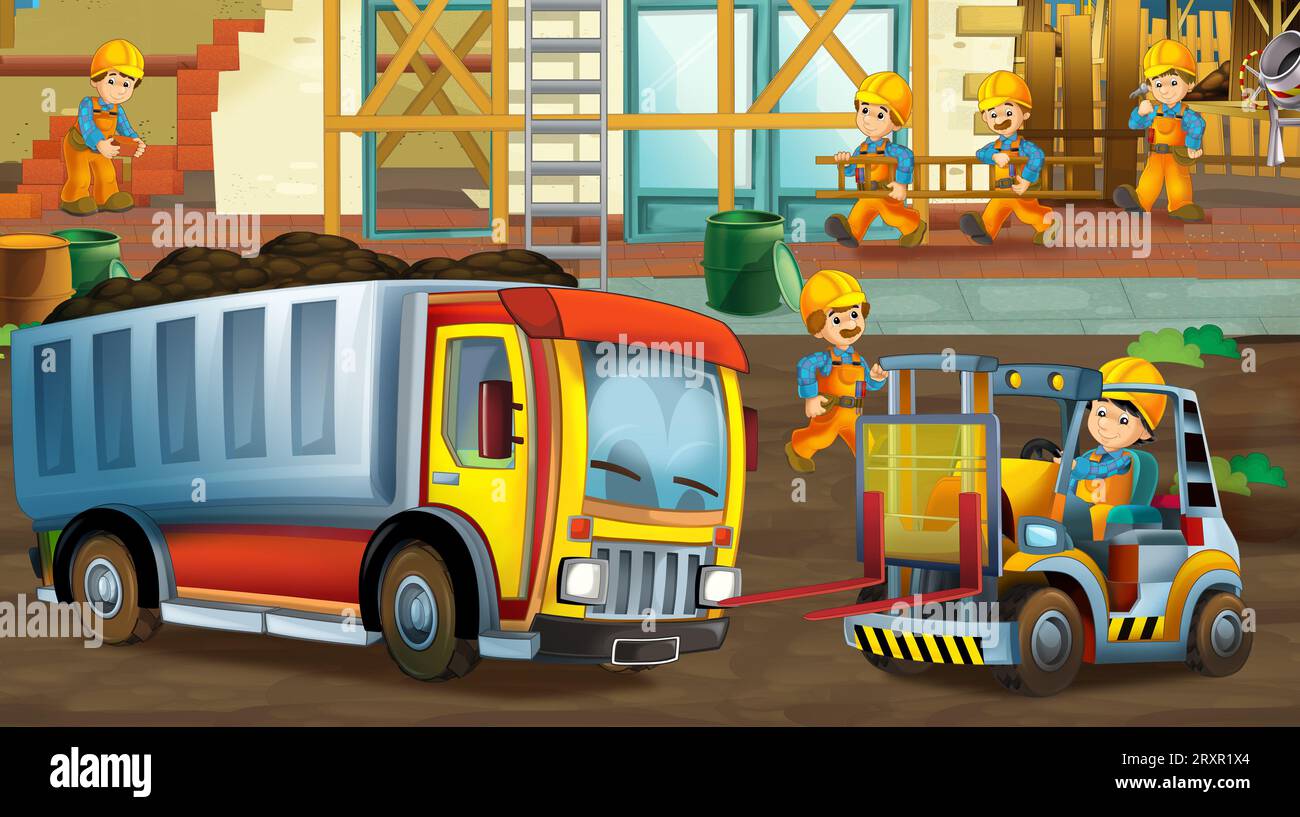Zeichentrickszene mit Industriebau mit Ausrüstung oder Transportillustration für Kinder Stockfoto