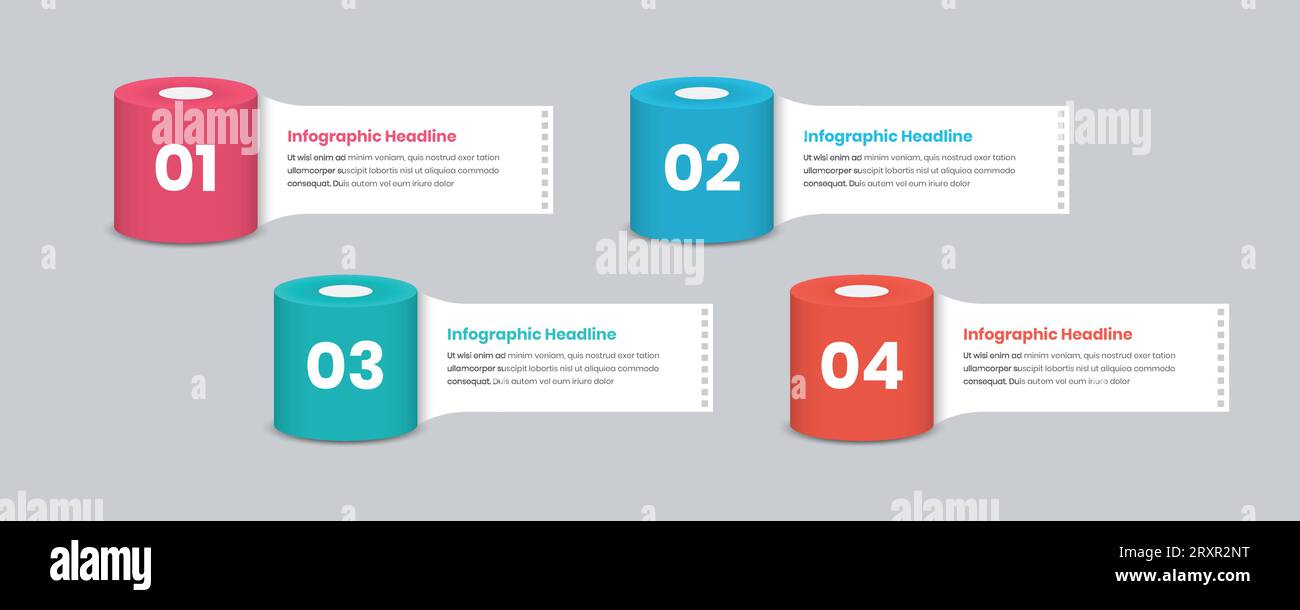 Infografik-Vorlage für die rollenförmige Textpräsentation in vier Schritten Stock Vektor