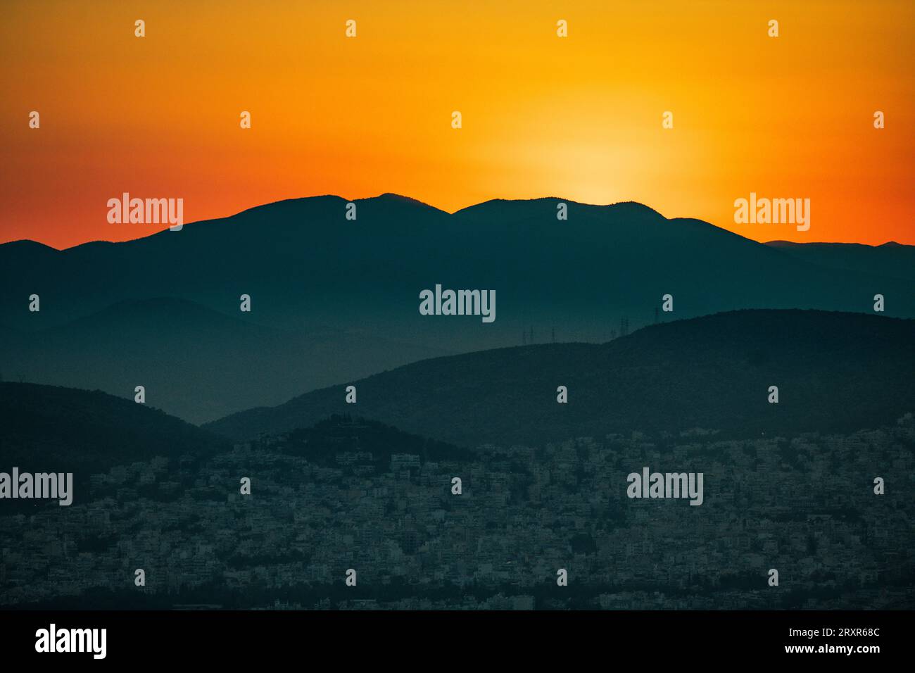 Sonnenuntergang in Athen, Blick vom Lycabettus Mountain. Griechenland Stockfoto