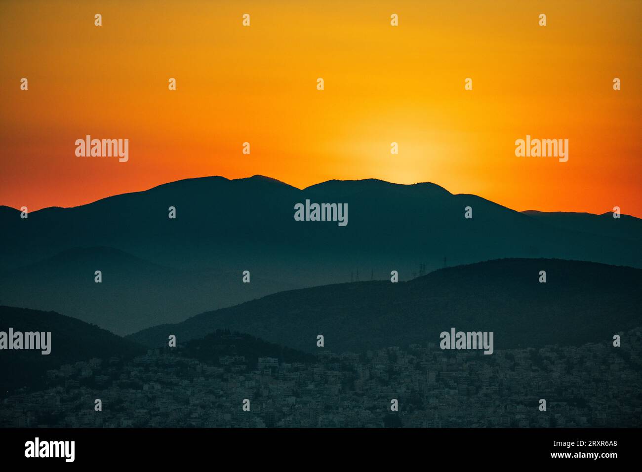 Sonnenuntergang in Athen, Blick vom Lycabettus Mountain. Griechenland Stockfoto