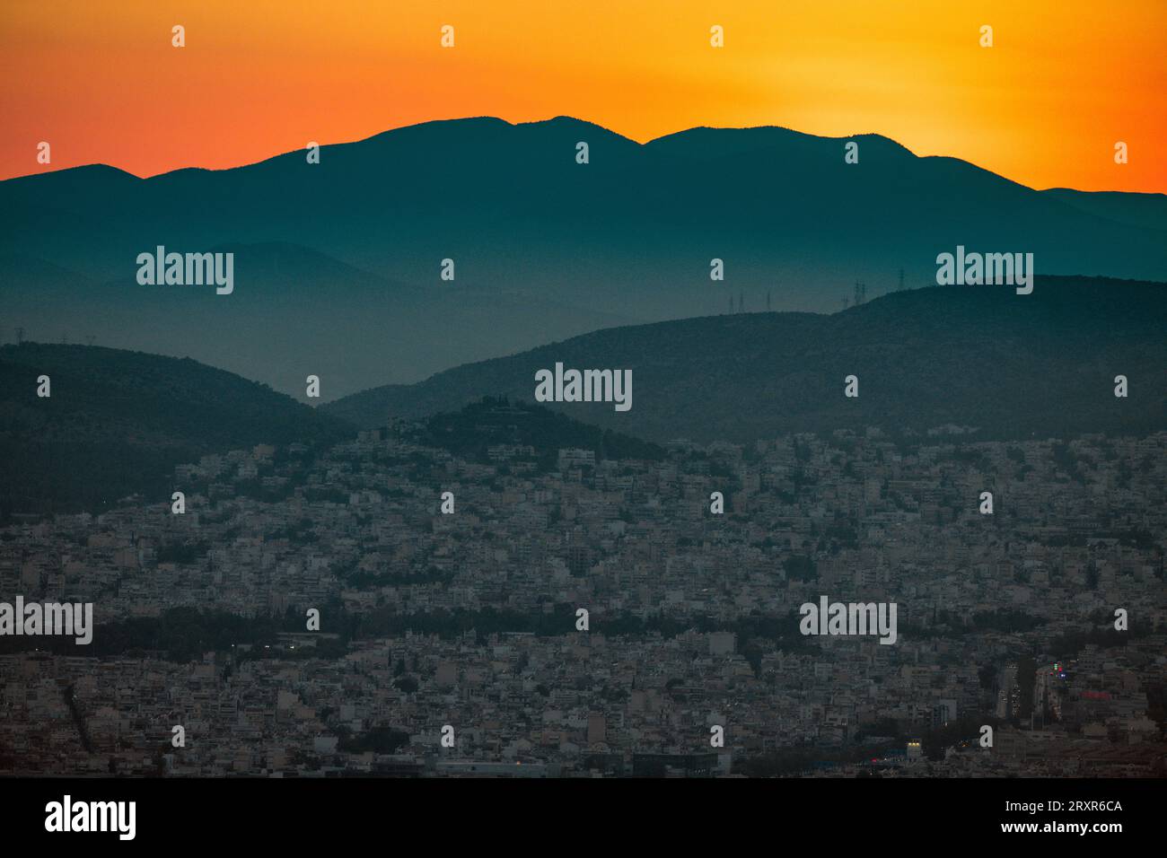 Sonnenuntergang in Athen, Blick vom Lycabettus Mountain. Griechenland Stockfoto