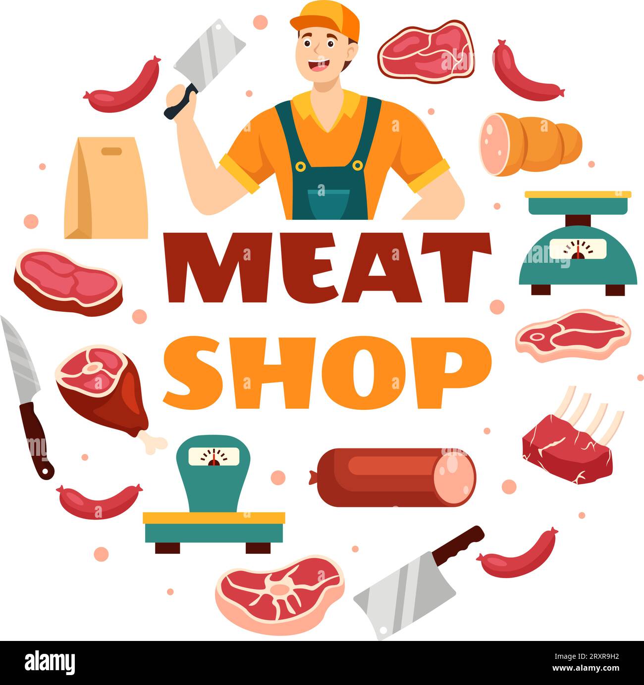 Fleischladen oder Markt Vektor-Illustration mit verschiedenen frischen Fleischprodukten und Würstchen von Rindfleisch Schweinehähnchen im flachen Cartoon Hintergrund Design Stock Vektor