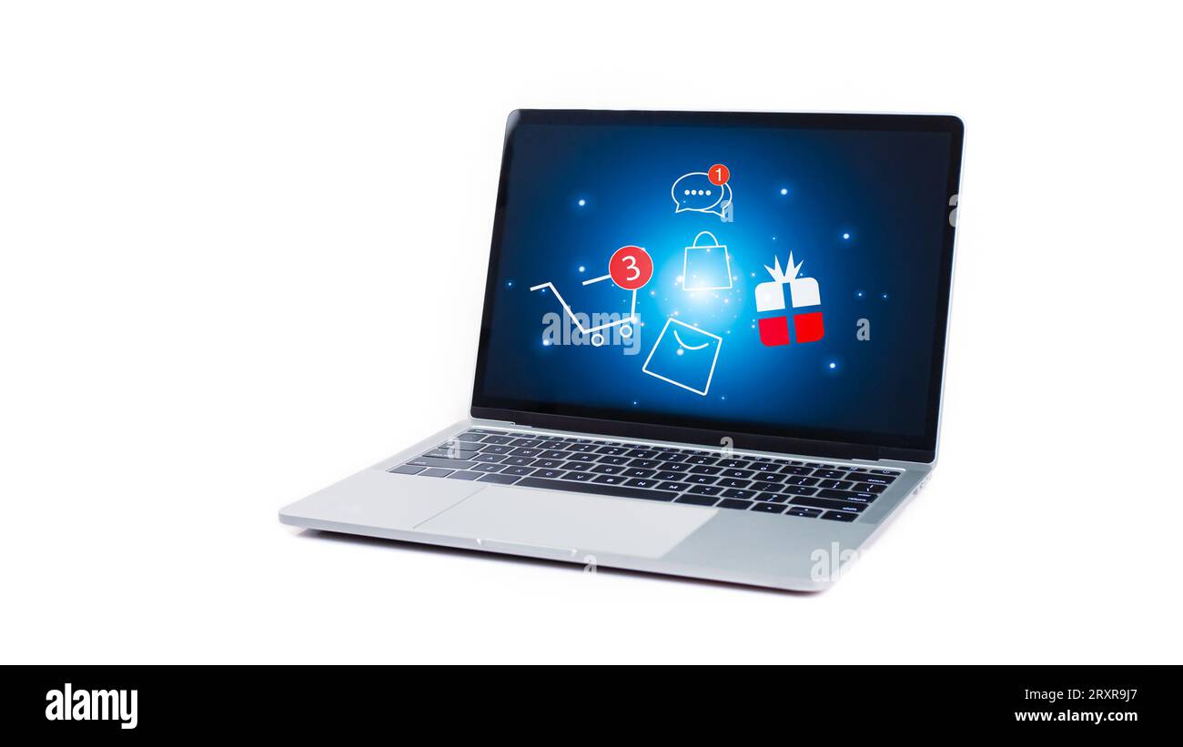 Symbol für Einkaufswagen und Geschenkbox auf Laptop-Computer auf weißem Hintergrund. Online-Shopping, Website der Marketplace-Plattform, E-Commerce-Technologie, Dropshipping, Log Stockfoto