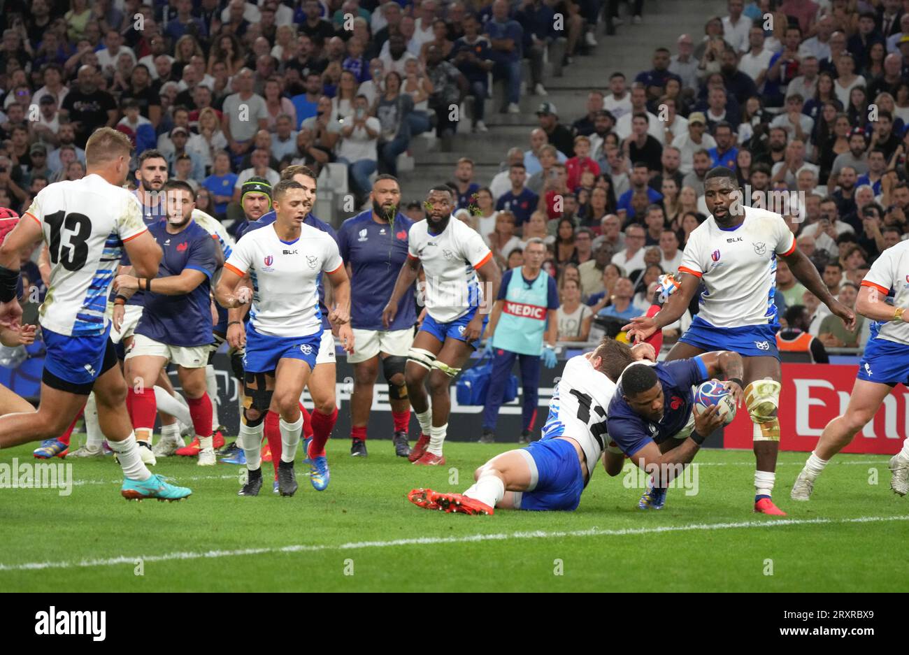 Der Franzose Jonathan Danty trifft am 21 2023. September 2023 im Stade Velodrome in Marseille, Frankreich, Ein Spiel zwischen Frankreich und Namibia. Quelle: FAR EAST PRESS/AFLO/Alamy Live News Stockfoto