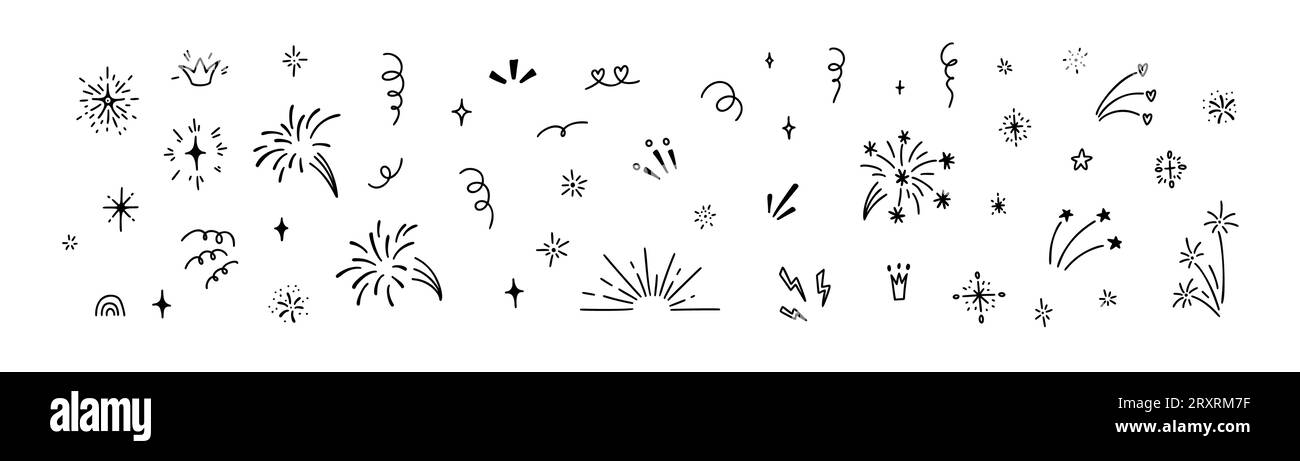 Doodle Star Bling und Feuerwerk. Niedliche Linie kindliche Knisterzeichnung. Freihand-Vektorillustration. Designelemente für Karneval, Weihnachten, Geburtstag, Stock Vektor