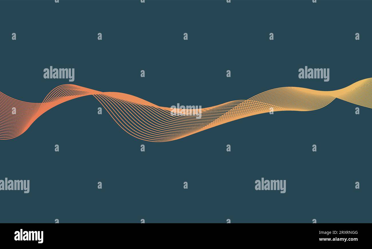 Abstrakte gelbe und orangene Welle auf dunklem Hintergrund isoliert. Dynamische Schallwelle. Fließende, kreative Strichgrafik Konstruktionselement. Konzept der Technologie Stock Vektor