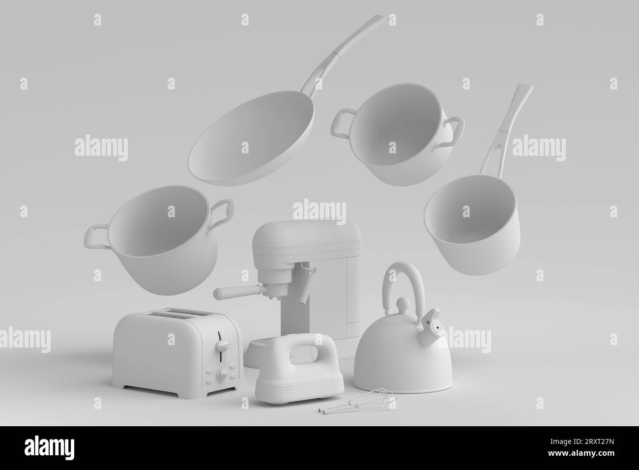 Espressomaschine, Handmixer, Wasserkocher und Toaster für die Zubereitung des Frühstücks auf monochromem Hintergrund. 3D Render der Kaffeeanne für die Herstellung von Latte Stockfoto
