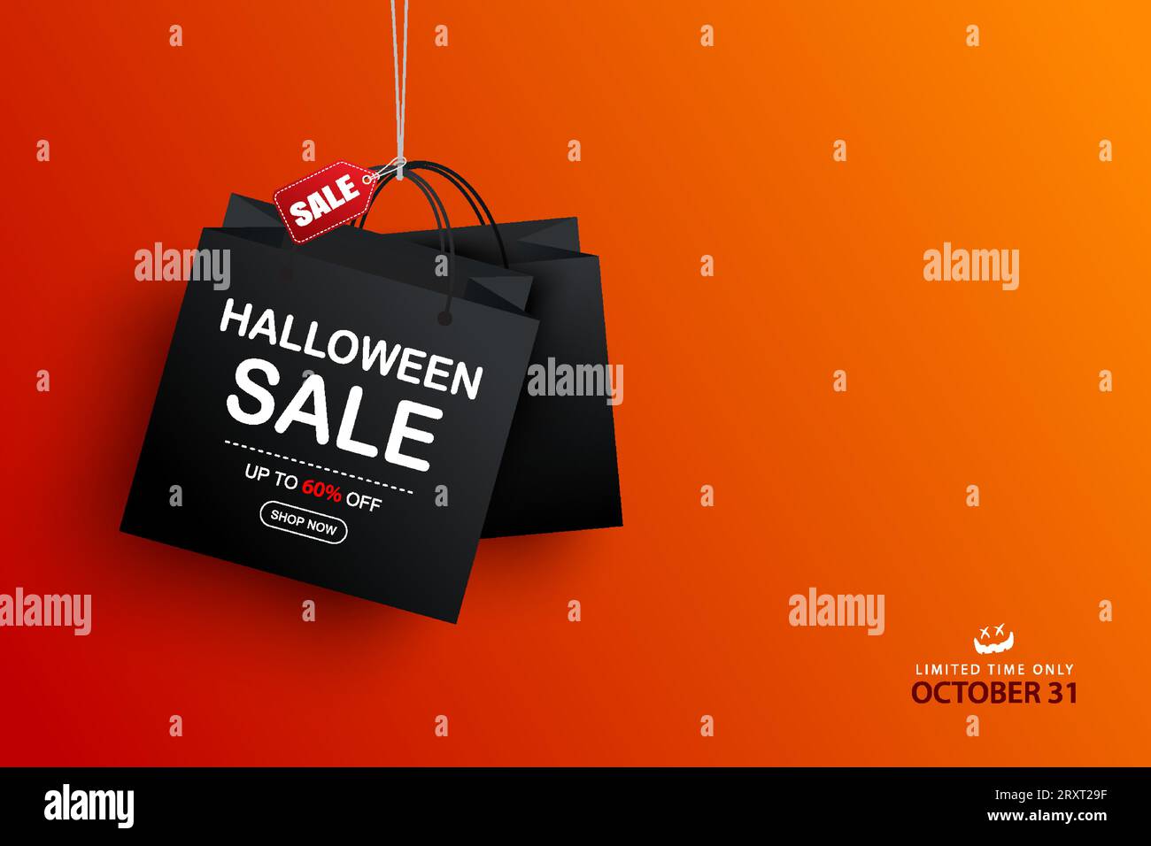 Halloween-Verkauf mit Einkaufstaschen Bannerhintergrund. Halloween Illustrationsvorlage für Poster, Flyer, Verkauf und alle Designs. Stock Vektor