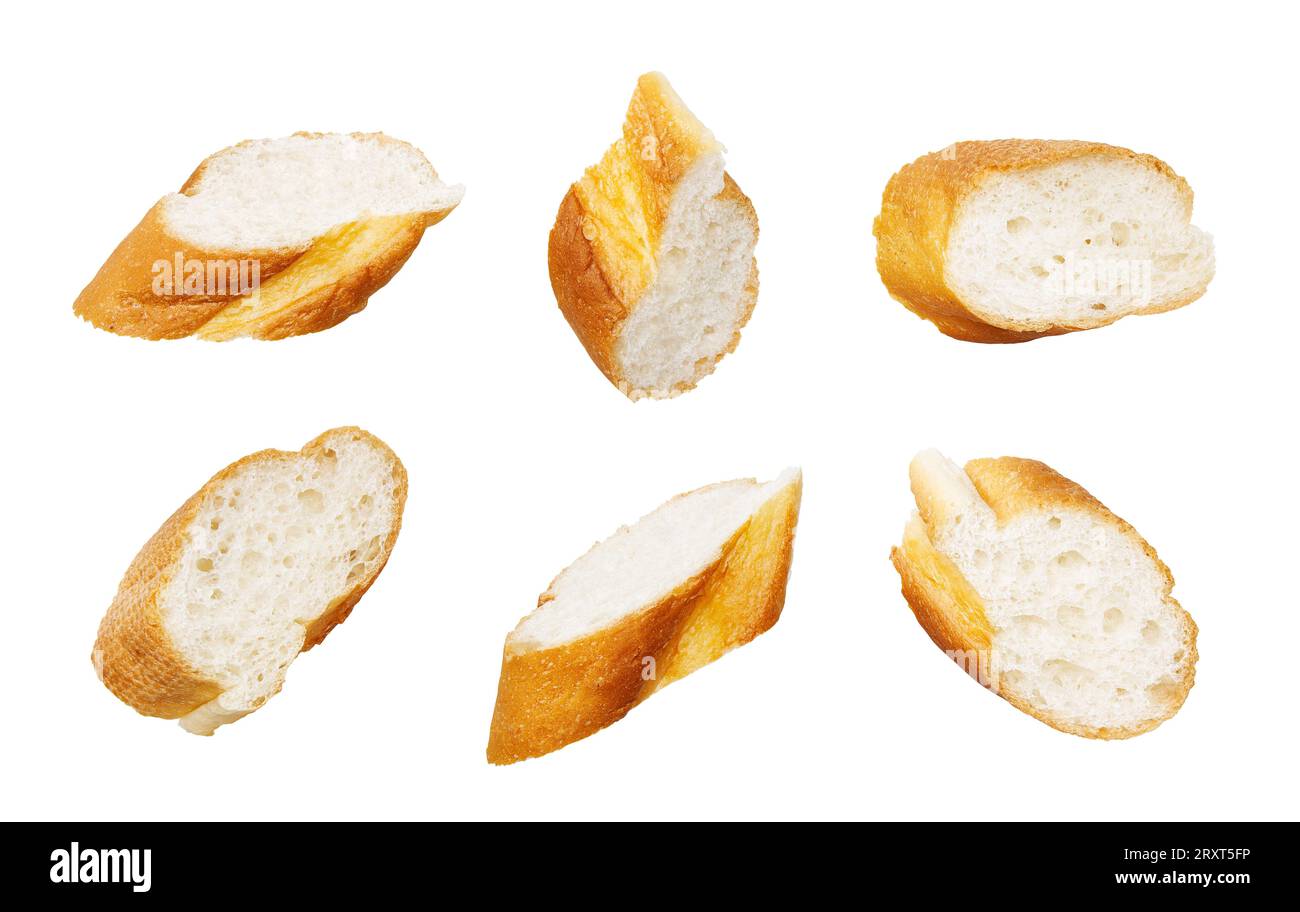 Unterschiedlicher Winkel von geschnittenem Baguette isoliert auf weißem Hintergrund Stockfoto