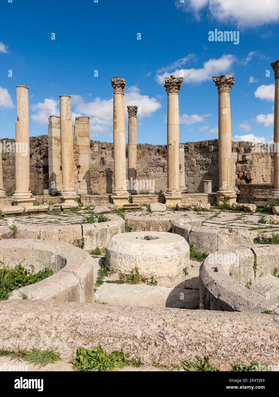 Säulen in der antiken Stadt Jerash, die vermutlich 331 v. Chr. von Alexander dem Großen, Jerash, Jordanien, dem Nahen Osten gegründet wurde Stockfoto