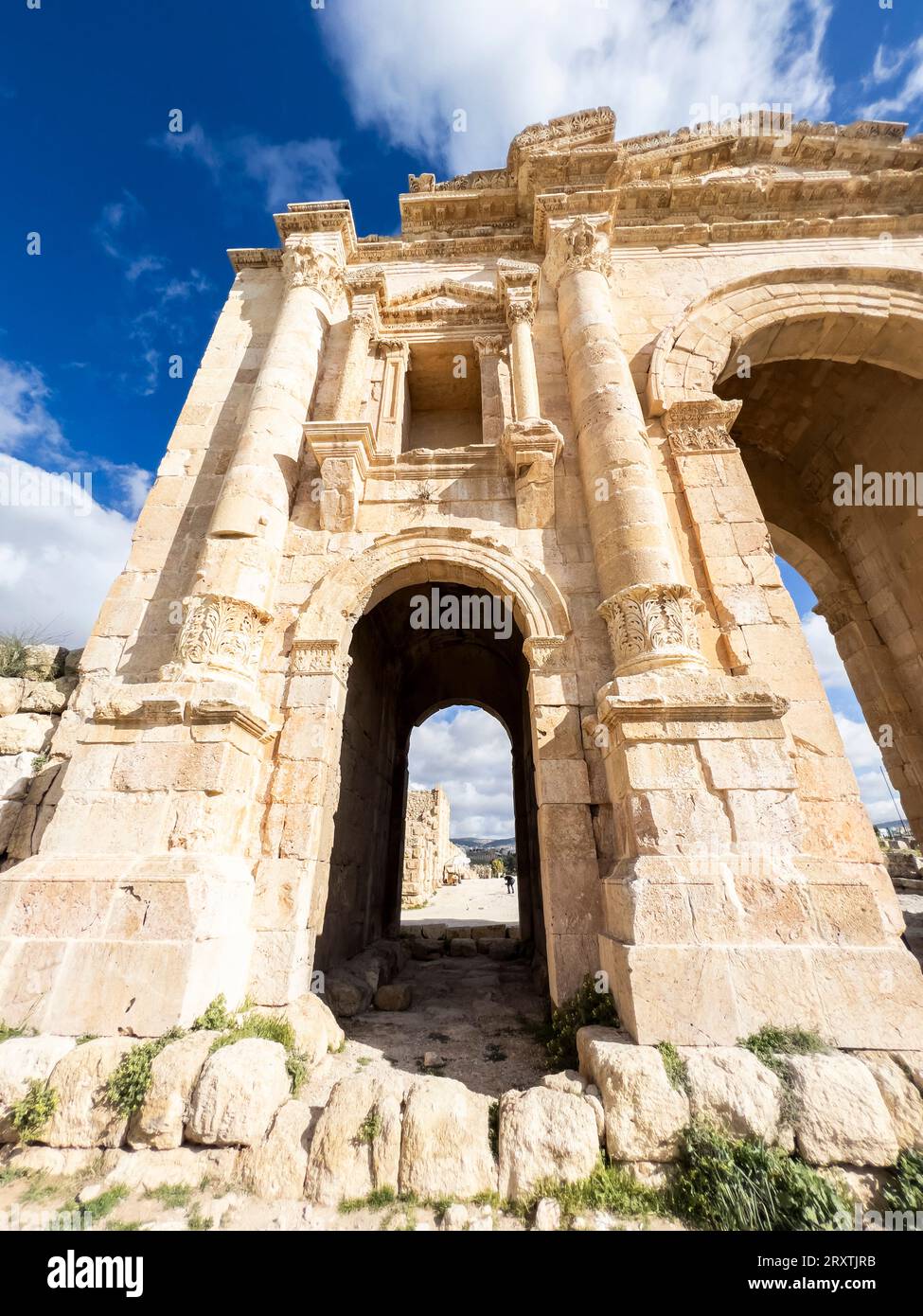Der Arch of Hadrian in Jerash wurde vermutlich 331 v. Chr. von Alexander dem Großen, Jerash, Jordanien und dem Nahen Osten gegründet Stockfoto