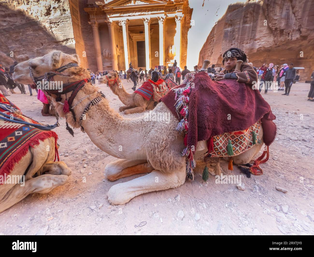 Ein Junge mit einem Kamel, die Petra Schatzkammer (Al-Khazneh), Petra Archäologischer Park, UNESCO, eines der neuen sieben Weltwunder, Petra, Jordanien Stockfoto