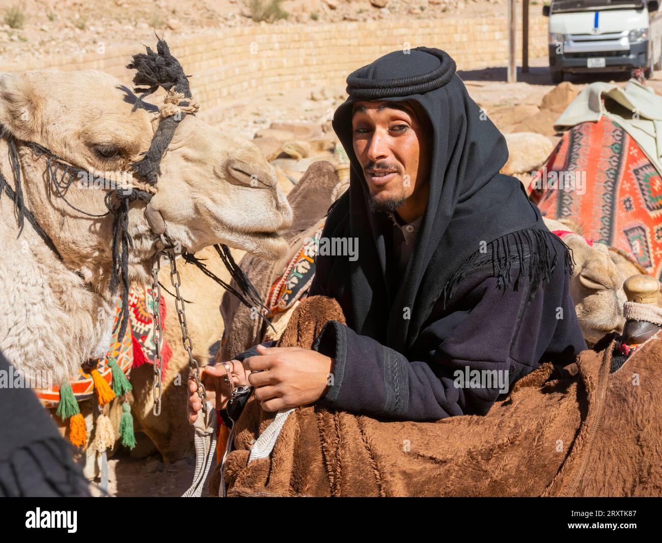 Kamel und Reiter, Petra Archaeological Park, UNESCO-Weltkulturerbe, eines der Neuen Sieben Weltwunder, Petra, Jordanien, Naher Osten Stockfoto