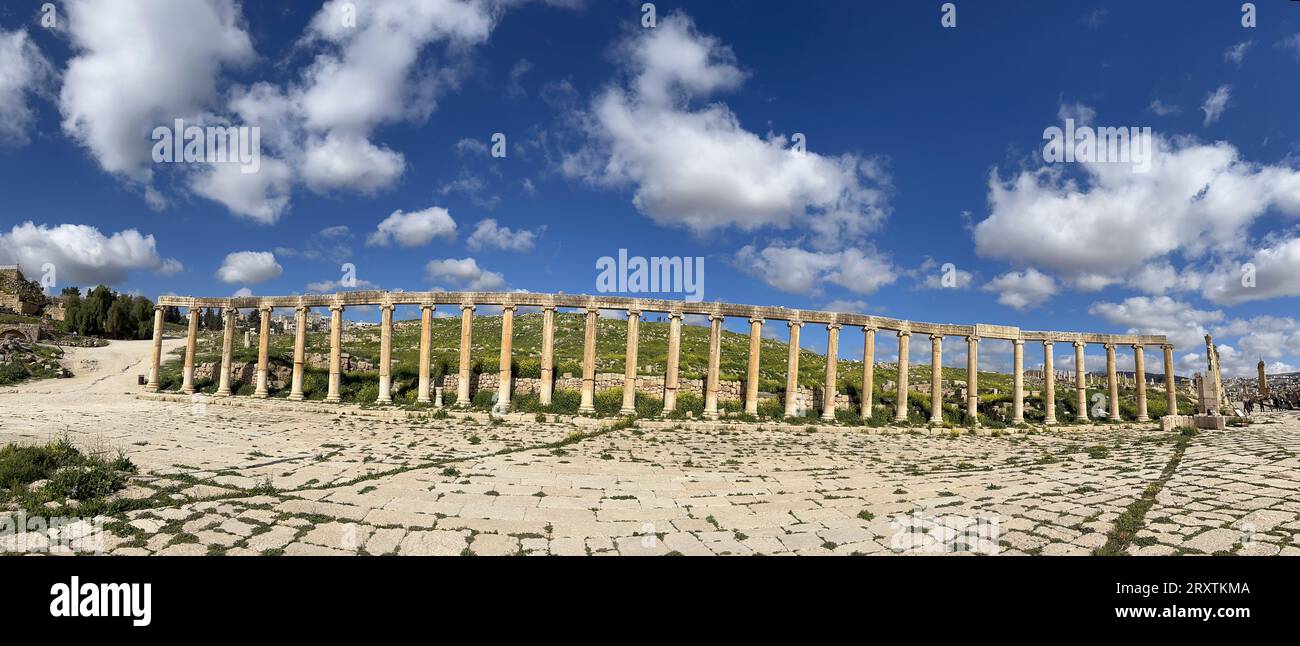 Säulen des Oval Plaza in der antiken Stadt Jerash, die vermutlich 331 v. Chr. von Alexander dem Großen, Jerash, Jordanien, dem Nahen Osten gegründet wurde Stockfoto