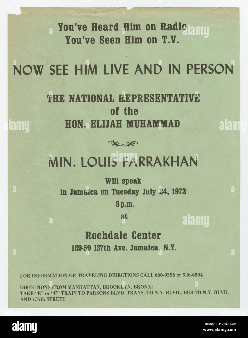 Flieger für eine Vortragsveranstaltung von Minister Farrakhan 1973 Stockfoto