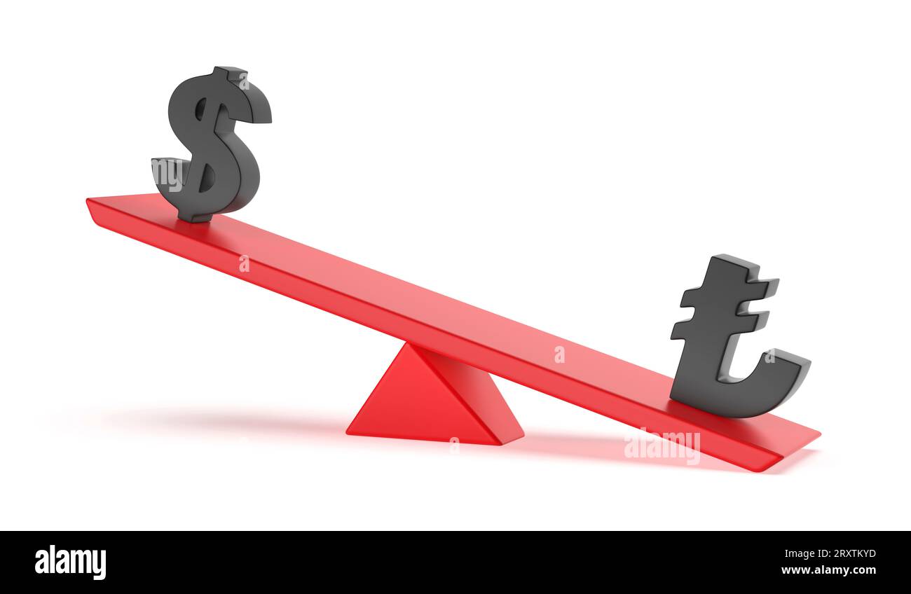 Türkische Lira gegenüber US-Dollar auf Wippe. Konzeptbild für Ungleichgewicht zwischen Währungen. Stockfoto