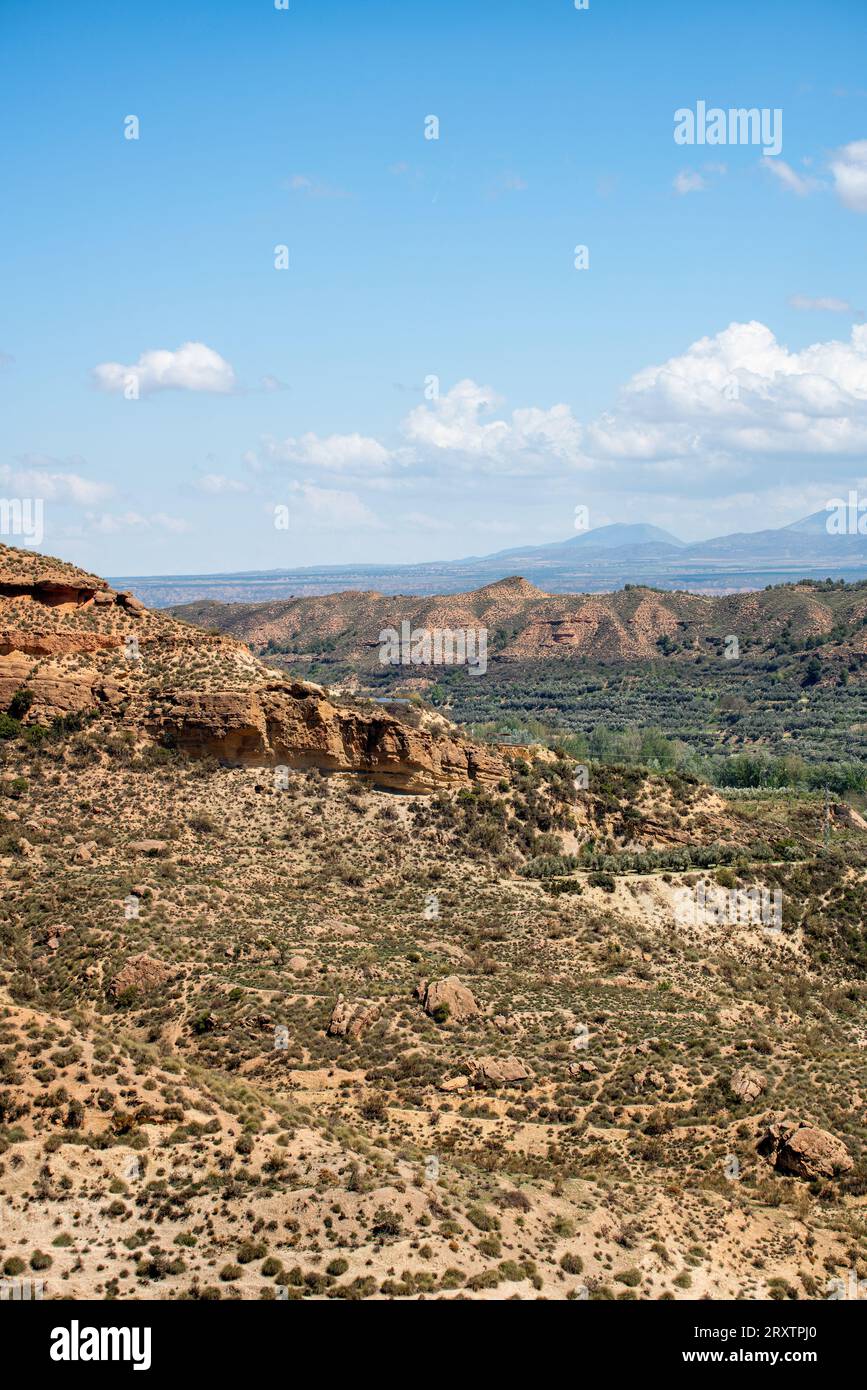 Blick auf die Wüstenlandschaft am Abellan Dam, Granada, Andalusien, Spanien, Europa Stockfoto