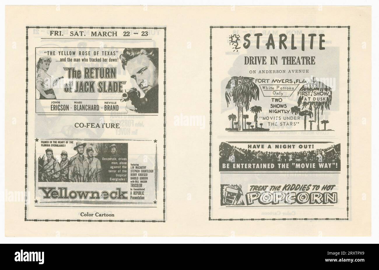Ein Theaterflyer für das Starlite Drive in Theatre in Fort Myers, Florida. Im Flyer sind die Anzeigen für die Filme aufgeführt, die im Theater gespielt werden. Auf der Vorderseite des Flyers befindet sich eine Reklame für das Theater mit einer Zeichnung von Palmen und einem Text mit der AUFSCHRIFT [ White Patrons Only/ TWO/ SHOWS/NIGHTLY/'MOVIES UNDER THE STAR]. Daneben gibt es Werbung für die Filme „The Return of Jack Slade“ und „Yellowneck“. Auf der Rückseite des Flyers finden sich Werbungen für die Filme „Towards the Unknown“, „These Wilder Years“, „Everything but the Truth“ und „Marshals in Disquise“. Stockfoto