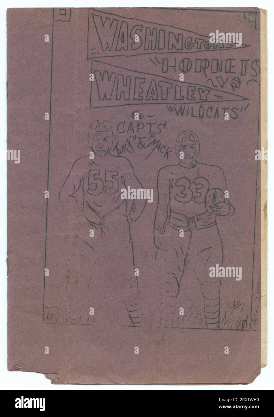 Ein Fußballprogramm für ein Spiel zwischen der Booker T. Washington High School „Hornets“ und den Wheatley „Wildcats“. Stockfoto
