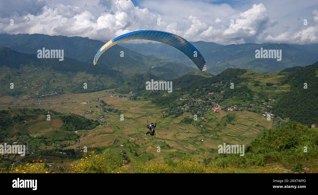 Paragliding in der Nähe des Tu Le Tals, mit Landschaft mit grünen und gelben Reisfeldern und blauem bewölktem Himmel, Nord-Vietnam Stockfoto