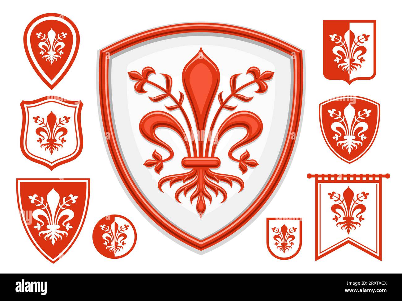 Vector Florence Emblem Set, horizontales Poster mit Lotsammlung von 9 isolierten Illustrationen des roten und weißen florentiner Wappens, dekorative Flagge Stock Vektor