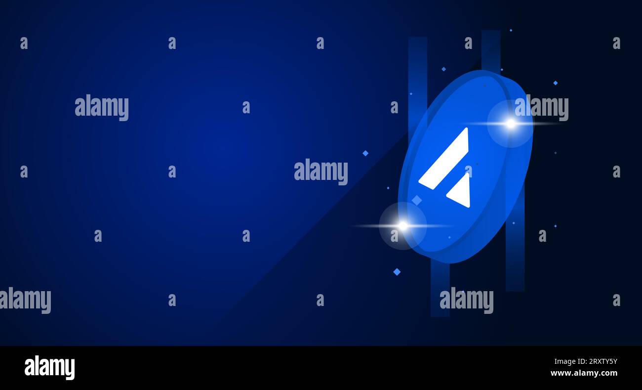 Avalanche AVAX-Münzsymbol isoliert auf blauem Hintergrund. Banner für digitale Kryptowährung mit Kopierbereich Stock Vektor