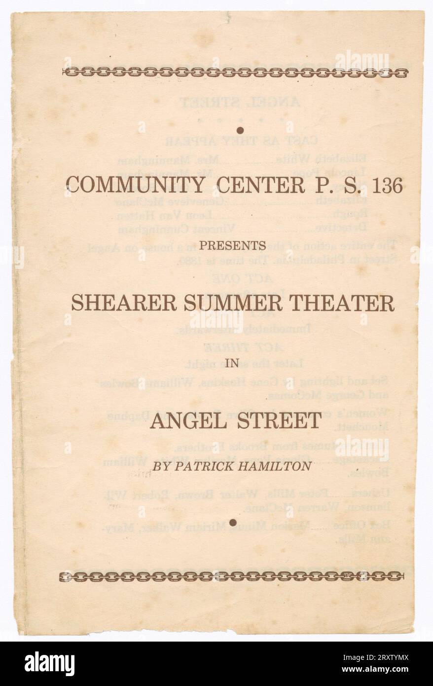 Ein Programm für das Stück „Angel Street“ mit den Shearer-Spielern und der Hauptrolle von Liz White. Der ursprüngliche Name der Show lautet „Gas Light“, ist aber in den Vereinigten Staaten als „Angel Street“ bekannt. Stockfoto