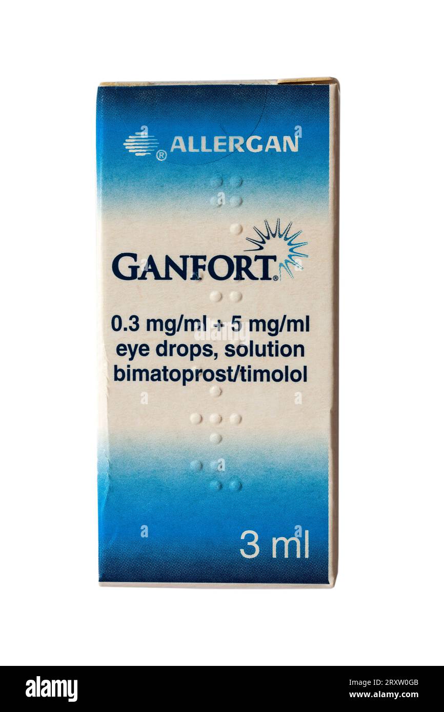 GANFORT Augentropfenlösung von Allergan isoliert auf weißem Hintergrund Stockfoto