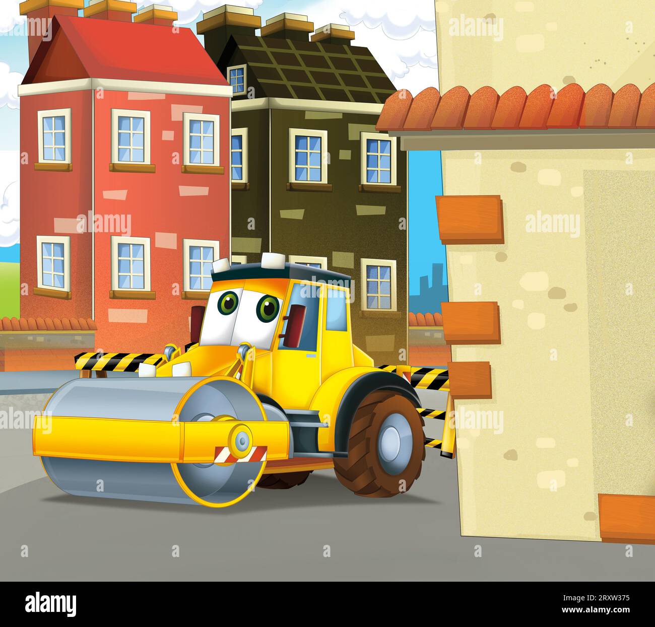 Zeichentrickszene mit Industriebau mit Ausrüstung oder Transportillustration für Kinder Stockfoto