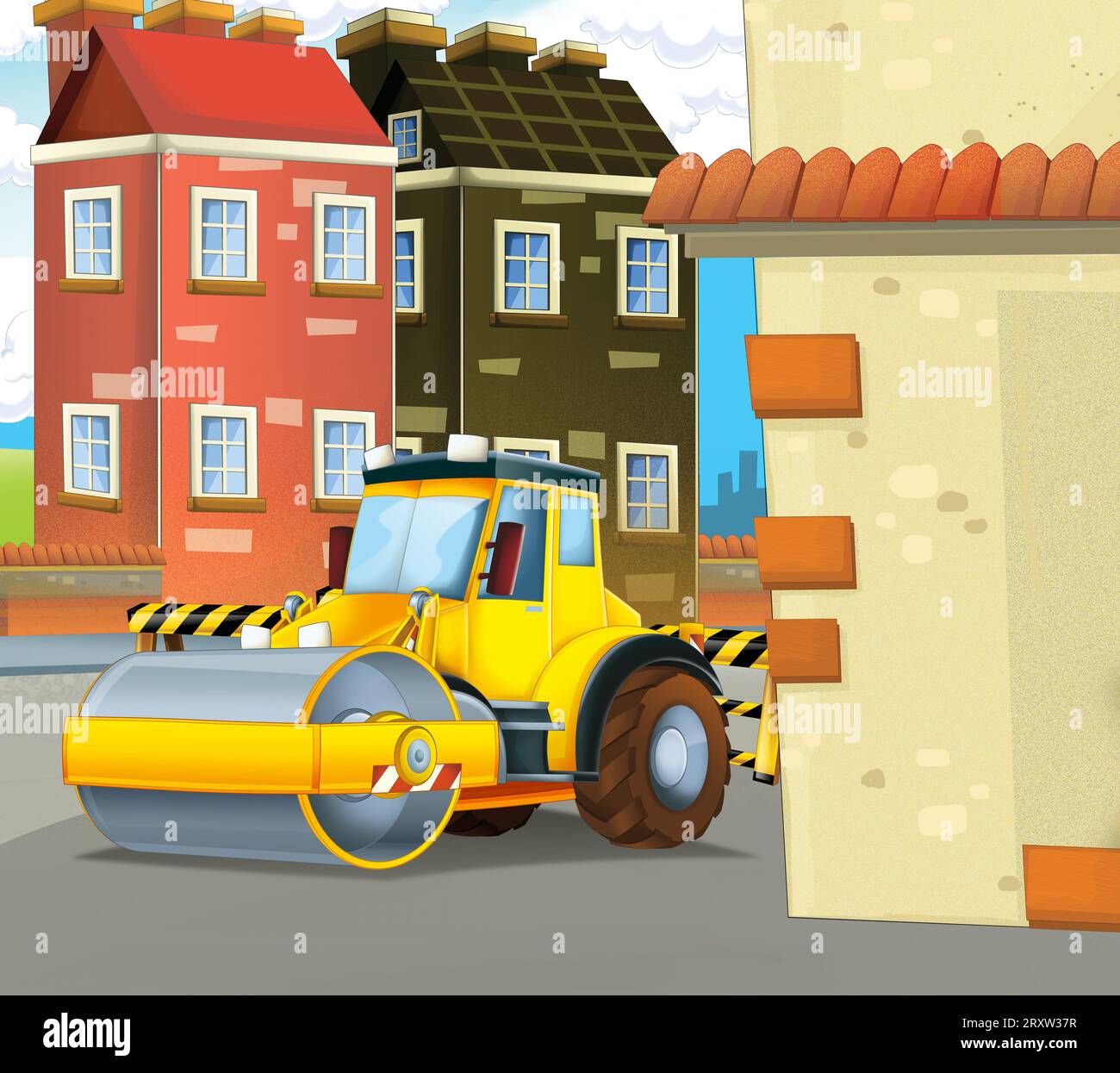 Zeichentrickszene mit Industriebau mit Ausrüstung oder Transportillustration für Kinder Stockfoto