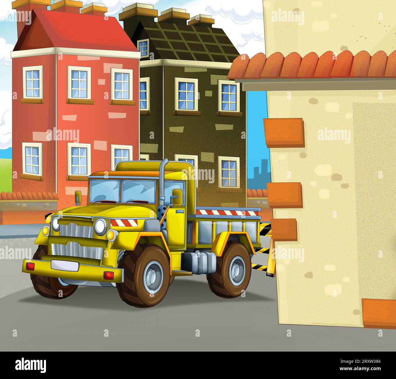 Zeichentrickszene mit Industriebau mit Ausrüstung oder Transportillustration für Kinder Stockfoto