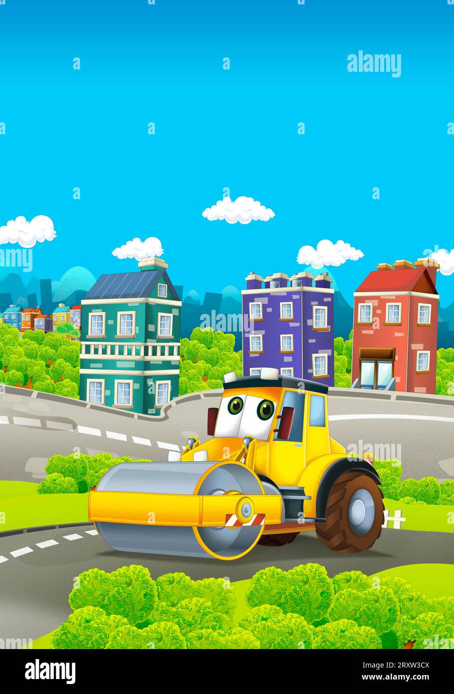 Zeichentrickszene mit Industriebau mit Ausrüstung oder Transportillustration für Kinder Stockfoto