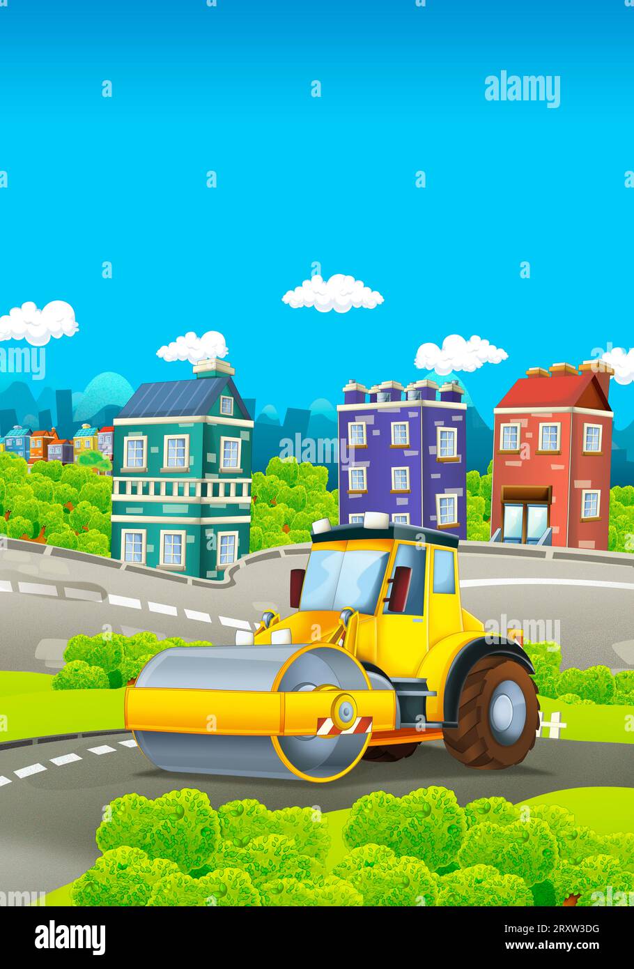 Zeichentrickszene mit Industriebau mit Ausrüstung oder Transportillustration für Kinder Stockfoto