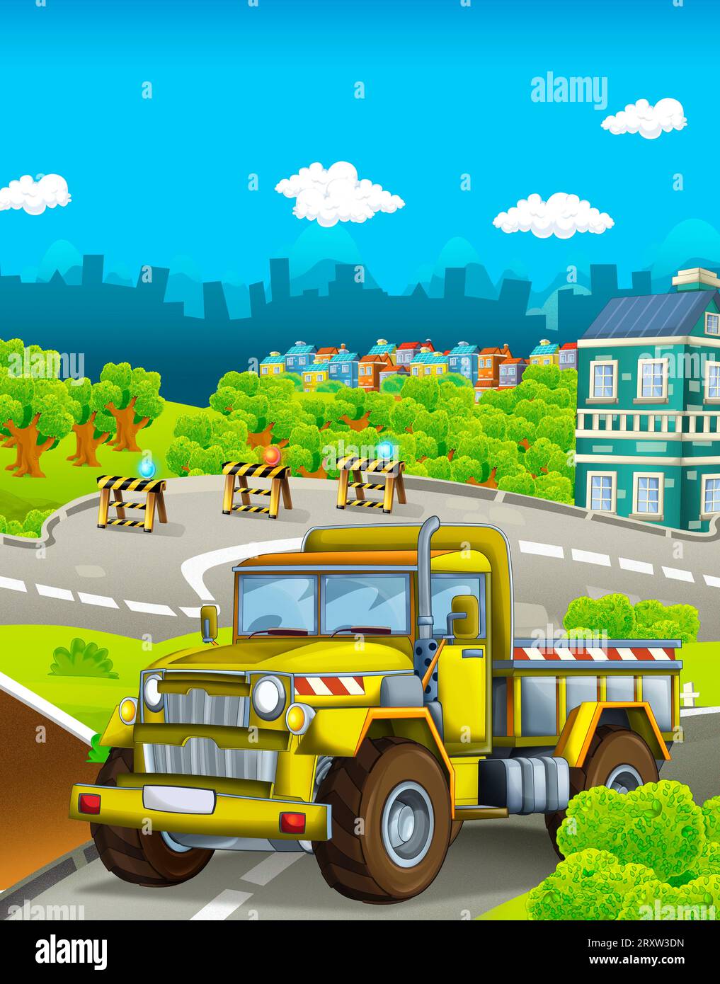 Zeichentrickszene mit Industriebau mit Ausrüstung oder Transportillustration für Kinder Stockfoto
