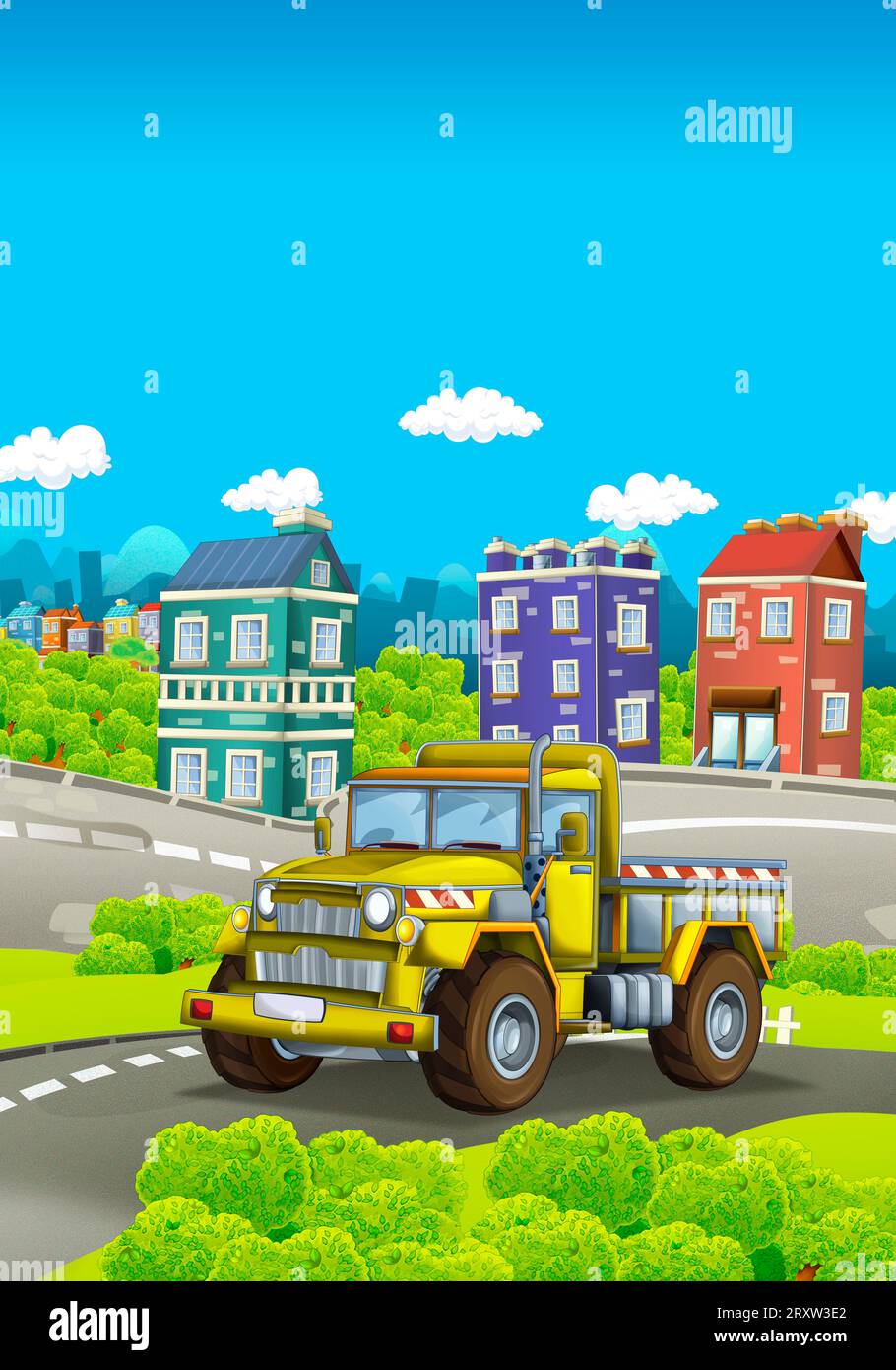 Zeichentrickszene mit Industriebau mit Ausrüstung oder Transportillustration für Kinder Stockfoto