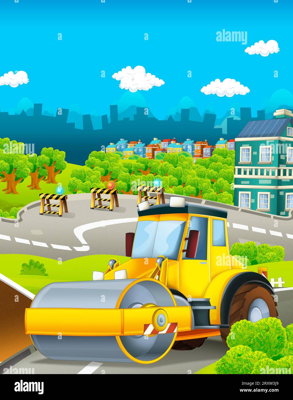 Zeichentrickszene mit Industriebau mit Ausrüstung oder Transportillustration für Kinder Stockfoto