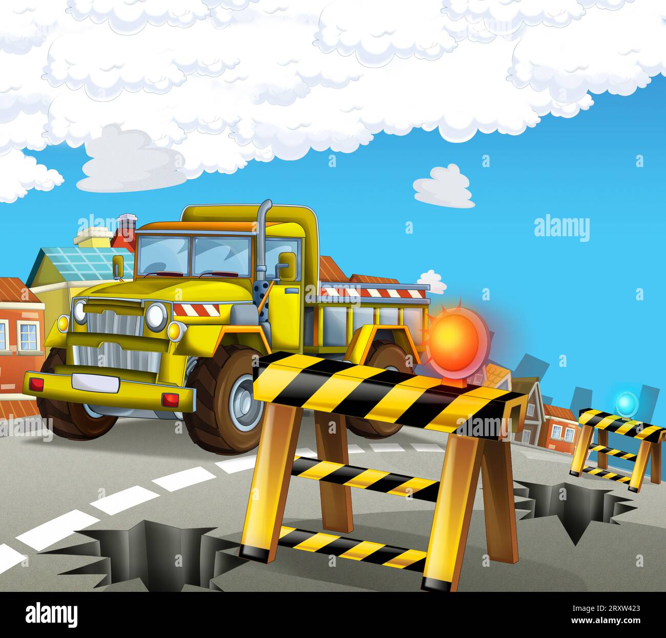 Zeichentrickszene mit Industriebau mit Ausrüstung oder Transportillustration für Kinder Stockfoto