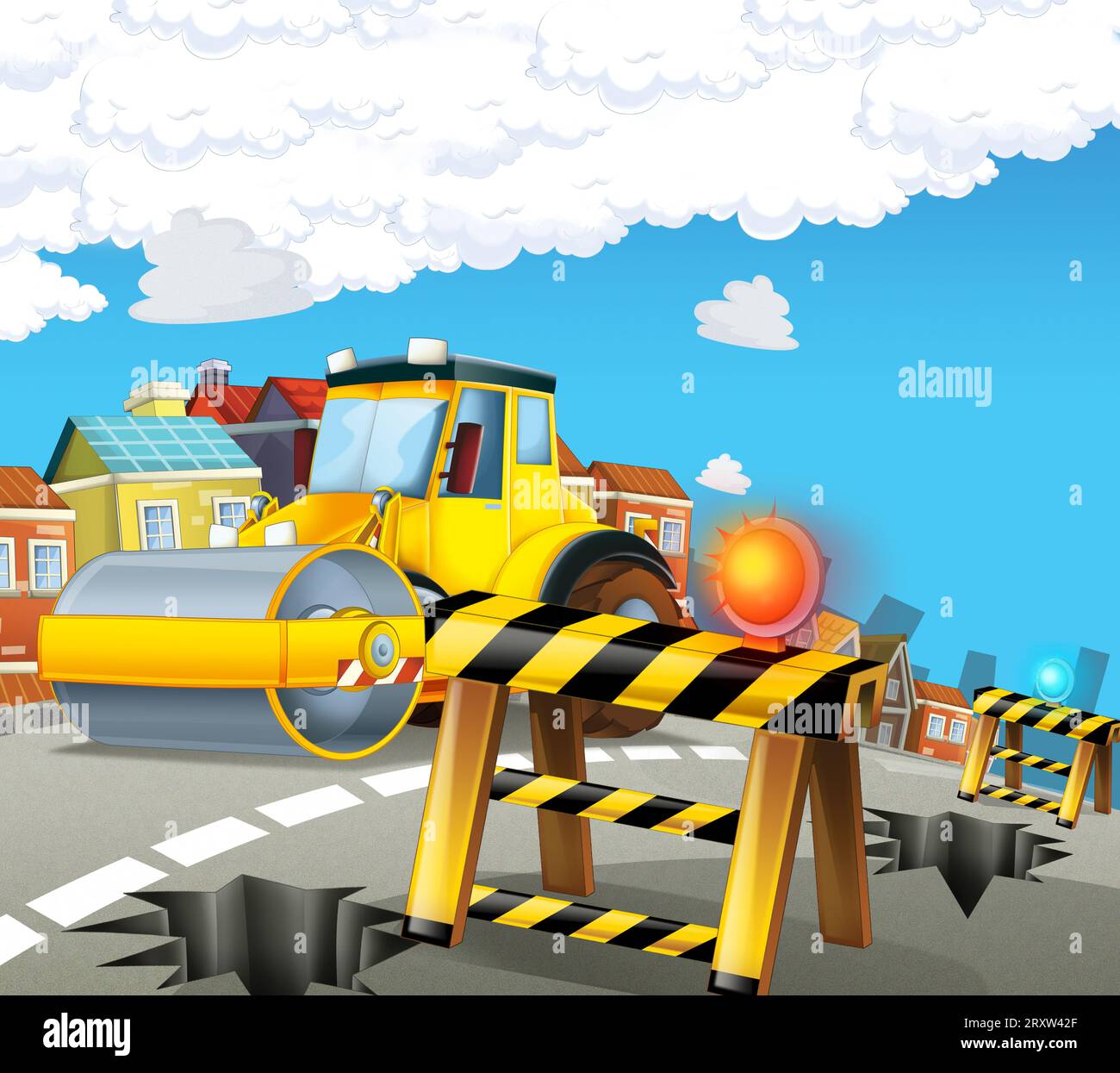Zeichentrickszene mit Industriebau mit Ausrüstung oder Transportillustration für Kinder Stockfoto