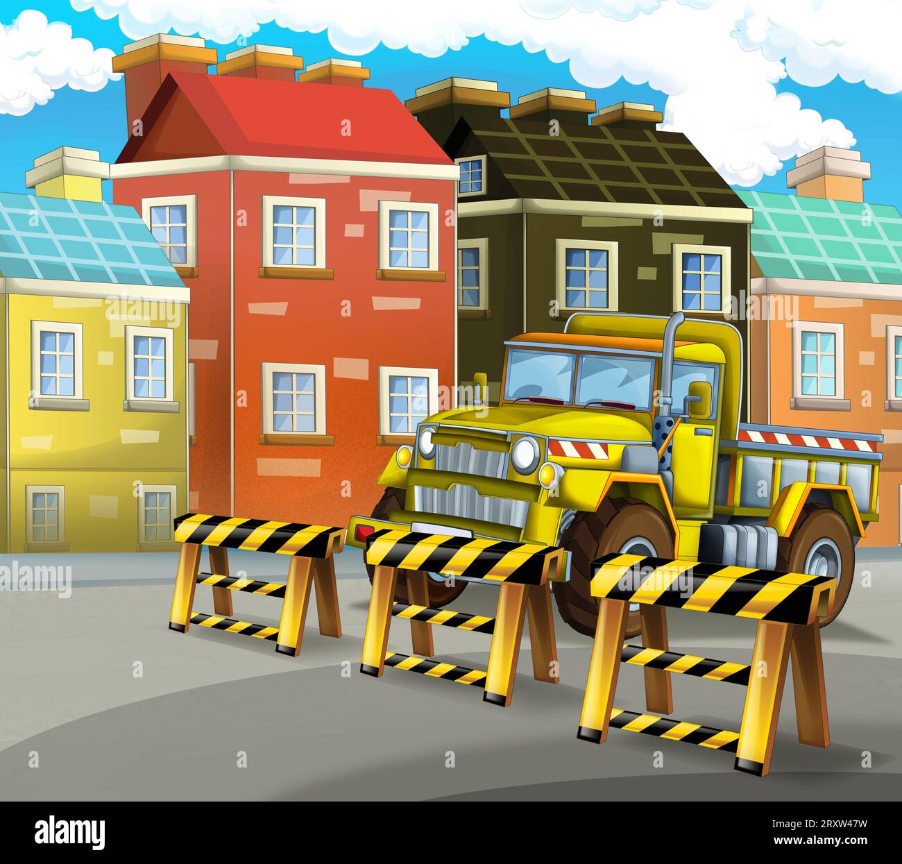 Zeichentrickszene mit Industriebau mit Ausrüstung oder Transportillustration für Kinder Stockfoto