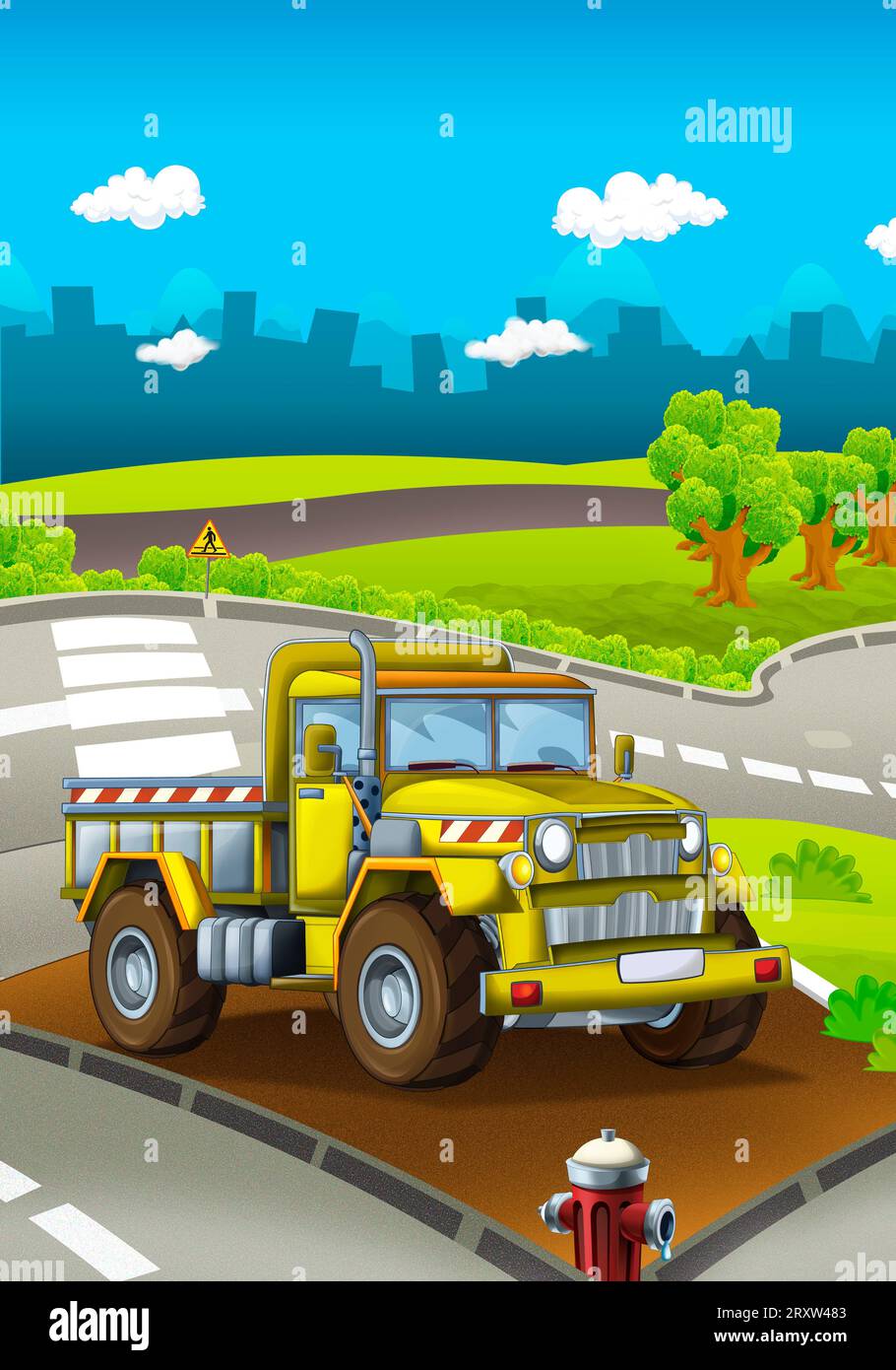Zeichentrickszene mit Industriebau mit Ausrüstung oder Transportillustration für Kinder Stockfoto