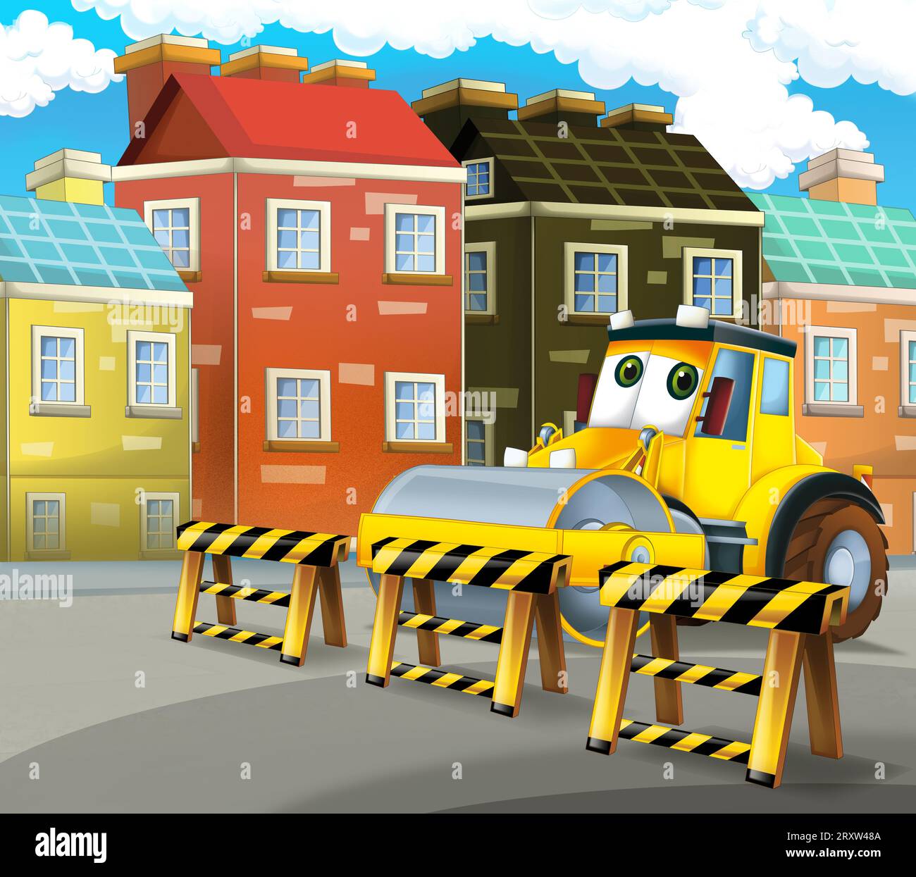 Zeichentrickszene mit Industriebau mit Ausrüstung oder Transportillustration für Kinder Stockfoto