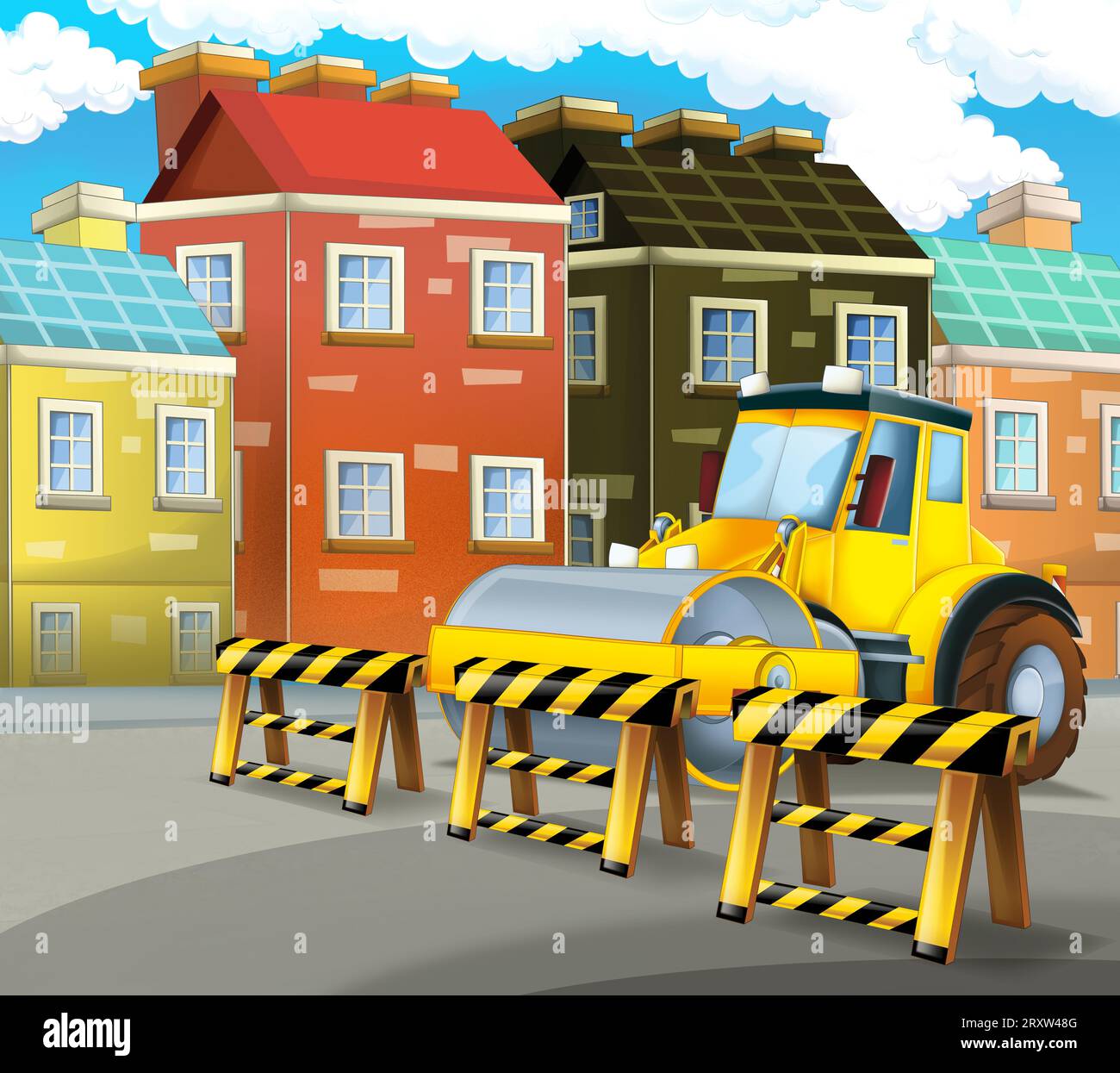 Zeichentrickszene mit Industriebau mit Ausrüstung oder Transportillustration für Kinder Stockfoto