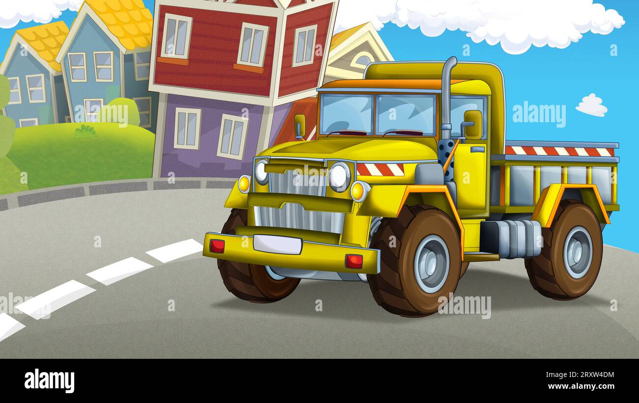 Zeichentrickszene mit Industriebau mit Ausrüstung oder Transportillustration für Kinder Stockfoto