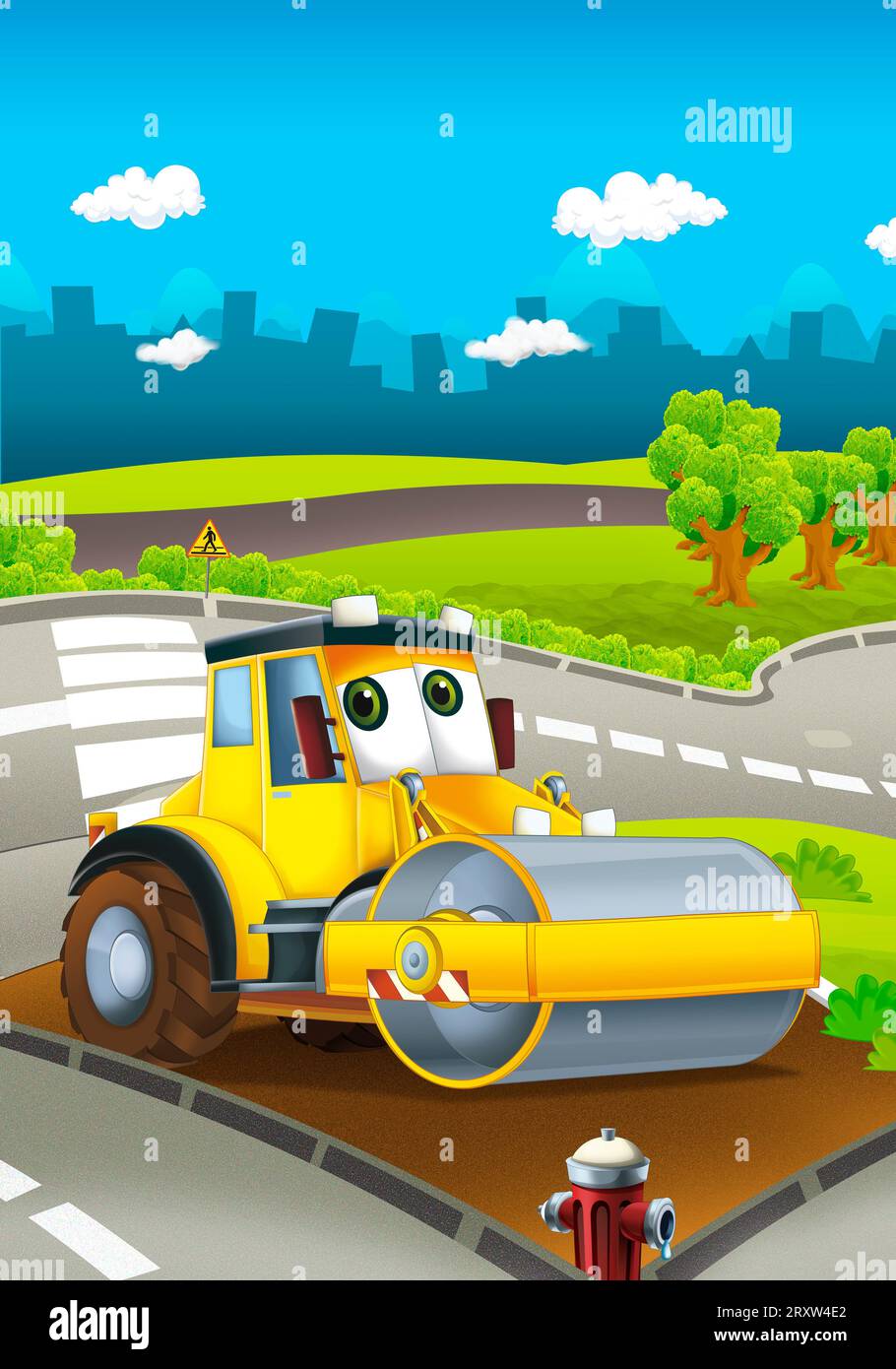 Zeichentrickszene mit Industriebau mit Ausrüstung oder Transportillustration für Kinder Stockfoto