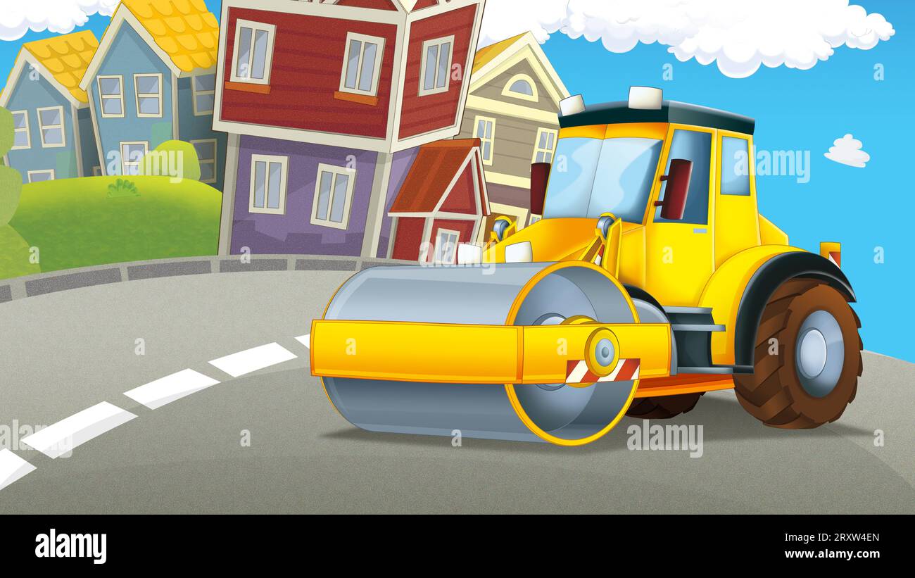 Zeichentrickszene mit Industriebau mit Ausrüstung oder Transportillustration für Kinder Stockfoto