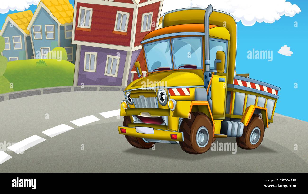 Zeichentrickszene mit Industriebau mit Ausrüstung oder Transportillustration für Kinder Stockfoto