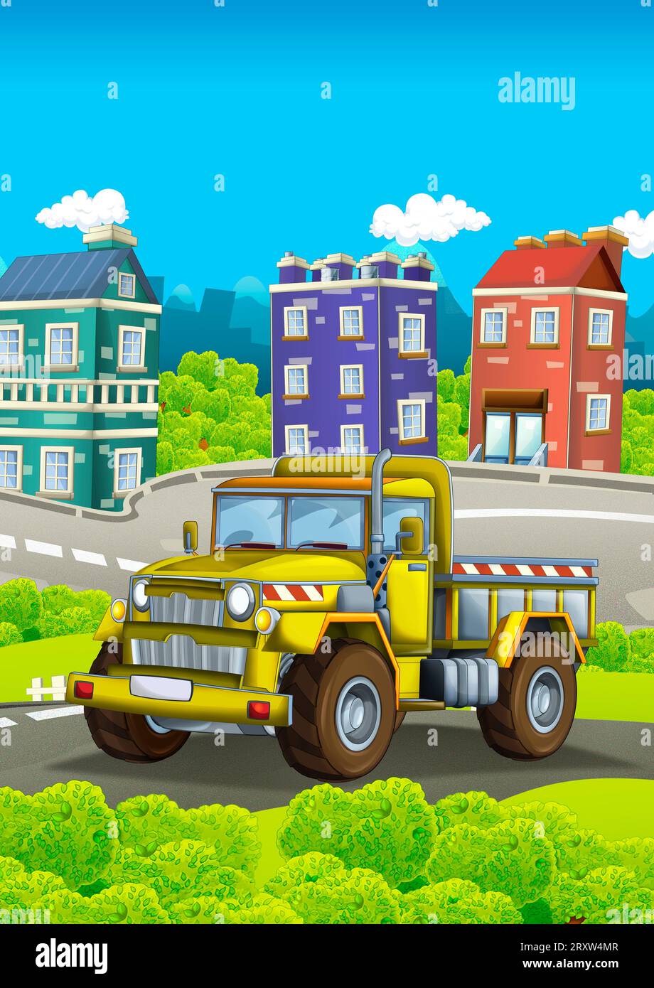 Zeichentrickszene mit Industriebau mit Ausrüstung oder Transportillustration für Kinder Stockfoto