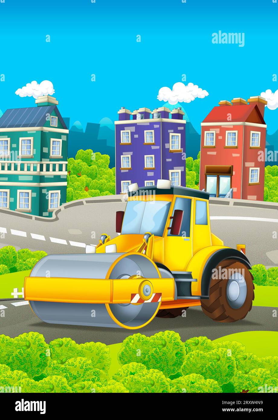 Zeichentrickszene mit Industriebau mit Ausrüstung oder Transportillustration für Kinder Stockfoto