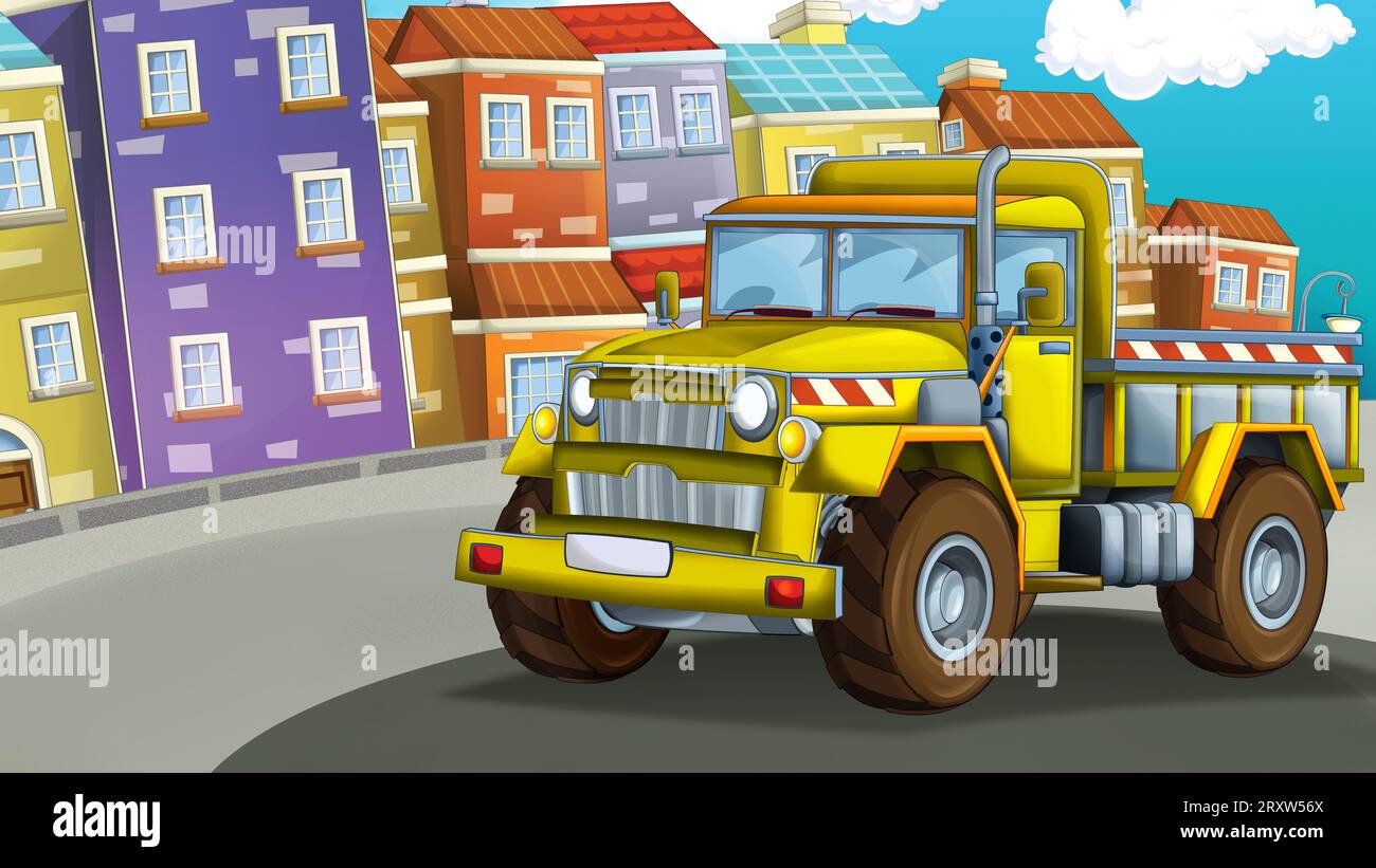 Zeichentrickszene mit Industriebau mit Ausrüstung oder Transportillustration für Kinder Stockfoto