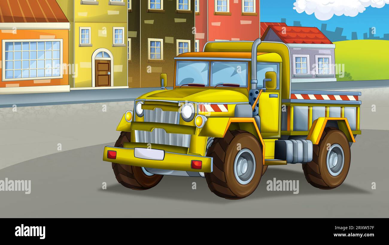 Zeichentrickszene mit Industriebau mit Ausrüstung oder Transportillustration für Kinder Stockfoto